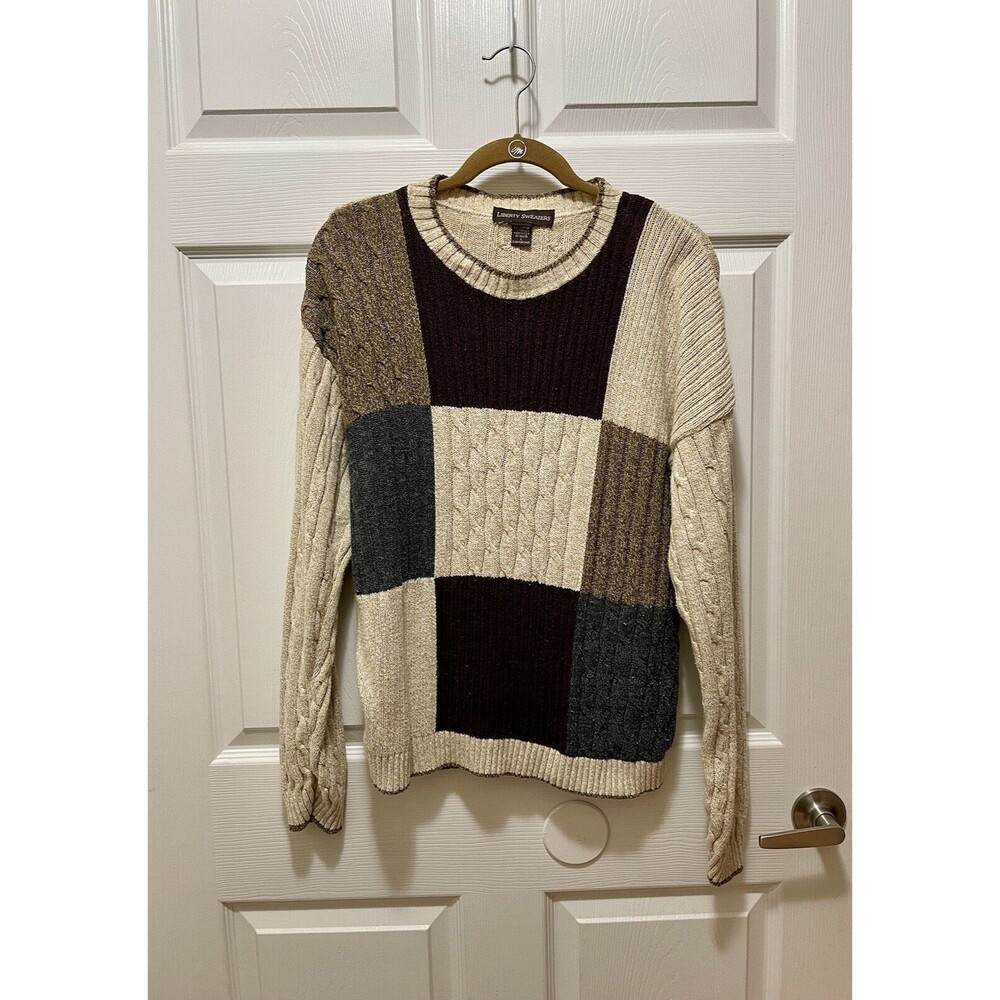 Vintage Liberty Mens Cable Knit Sweater Size L Brown Colorblock Made in USA